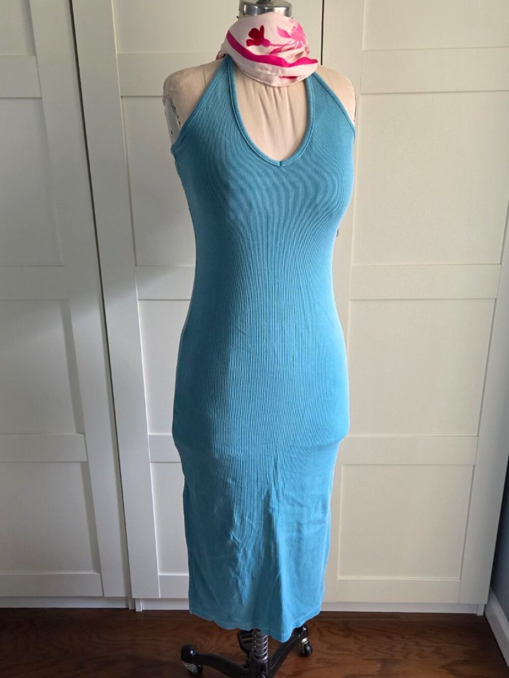 Knit bodycon halter neck dress aqua color Size M cotton stretch